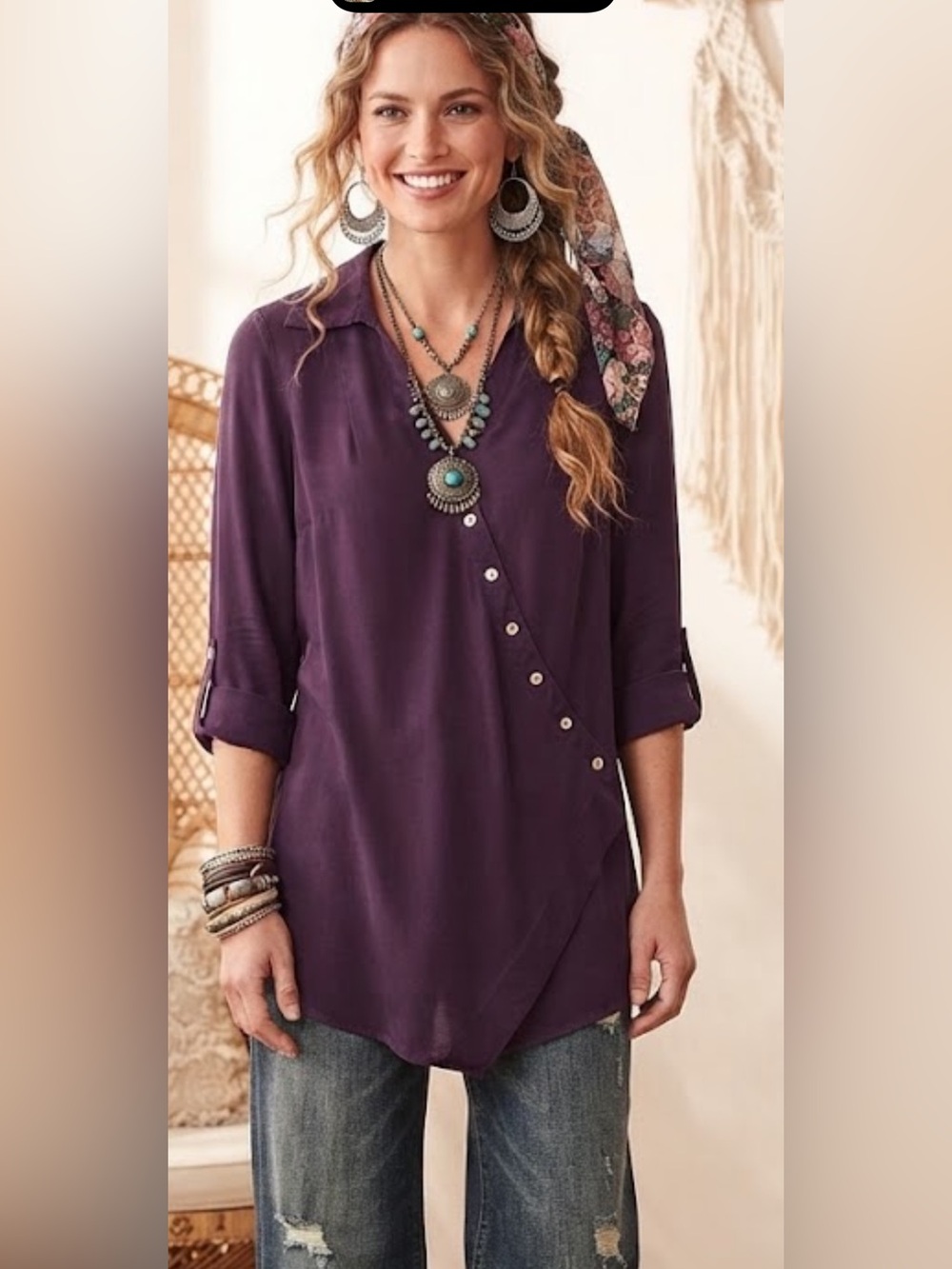 Soft Surroundings Lagenlook Boho Wrap Asymmetrical Button Long Tunic Shirt med